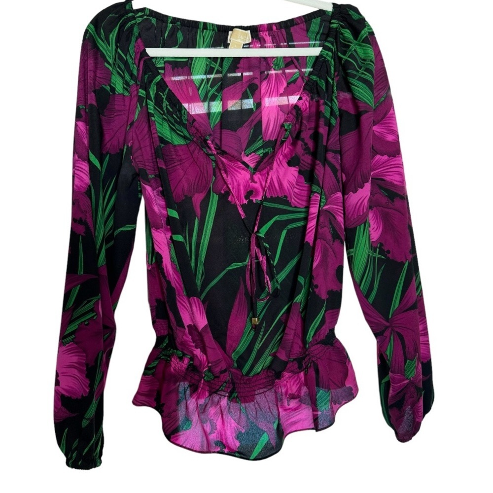 Michael Kors - Black and Purple Hawaiian Rose Floral Peasant Blouse - Size L